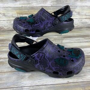 Disney Haunted Mansion CROCS Shoes Womens 7 Mens 5 Purple Black Wallpaper Clogs